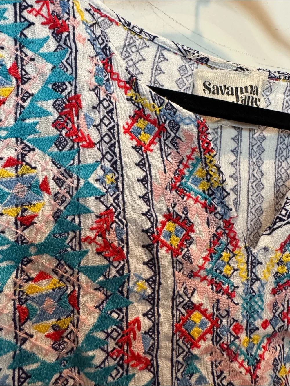 Savanna Jane White Striped Embroidered Peasant Top with Turquoise Accents - Picture 2 of 5